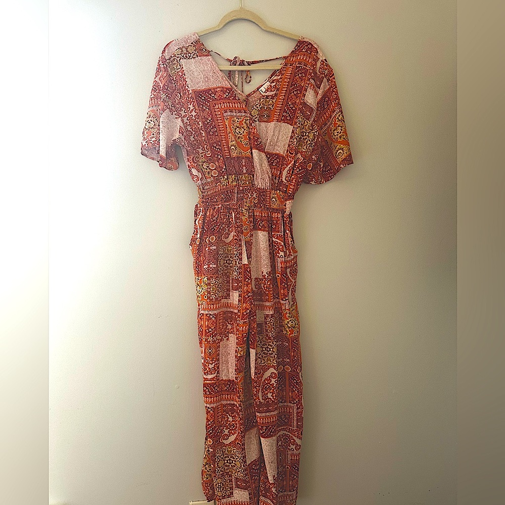 Wide Legged Patterned Orange Jumpsuit
